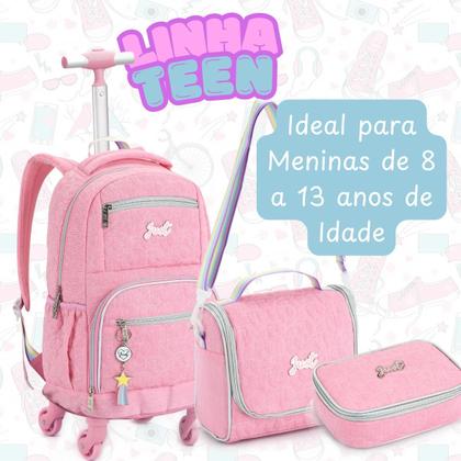 Imagem de Kit Mochila Rodinha 360 Escolar Grande Juvenil com Bolsa térmica e Estojo tipo Box Adolescente Jovem Menina