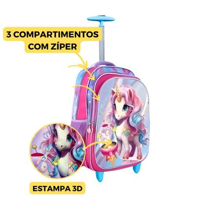 Imagem de Kit Mochila Rodinha 3D Lancheira Estojo Unicórnio Escolar