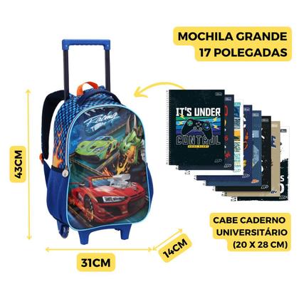 Imagem de Kit Mochila Rodinha Carros Lancheira Estojo Meninos Escolar