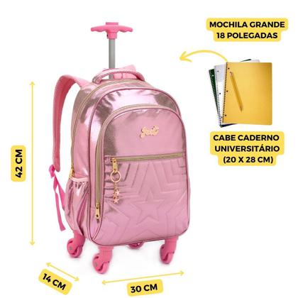 Imagem de Kit Mochila Rodinha Denlex 360º Feminino Escolar Metalizado Fashion