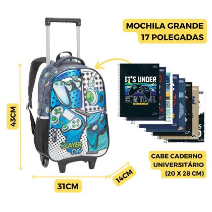Imagem de Kit Mochila Rodinha Gamer Player On Meninos Escolar Jogos