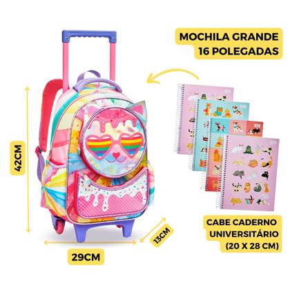 Imagem de Kit Mochila Rodinha Gatinho Meninas Cat Holográfica Escolar