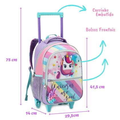 Imagem de Kit Mochila Rodinha Infantil Feminino Grande Menina C/ Alça