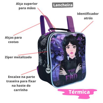 Imagem de Kit Mochila Rodinha Infantil Menina Wandinha Lancheira E Estojo