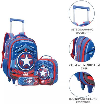 Imagem de Kit Mochila Rodinha Infantil Menino Escolar Super Herois 3d