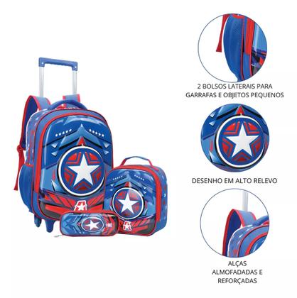 Imagem de Kit Mochila Rodinha Infantil Menino Escolar Super Herois 3d