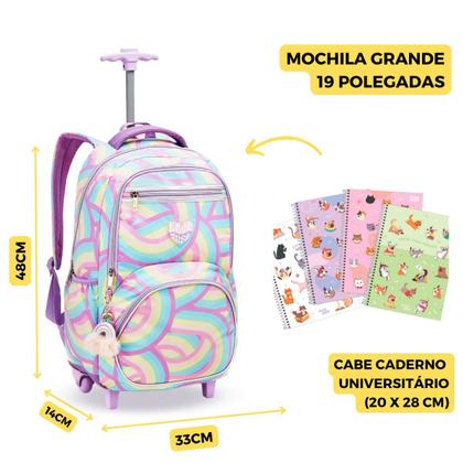 Imagem de Kit Mochila Rodinha Juvenil Pompom Arco Iris Escola Meninas