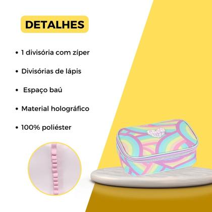 Imagem de Kit Mochila Rodinha Juvenil Pompom Arco Iris Escola Meninas