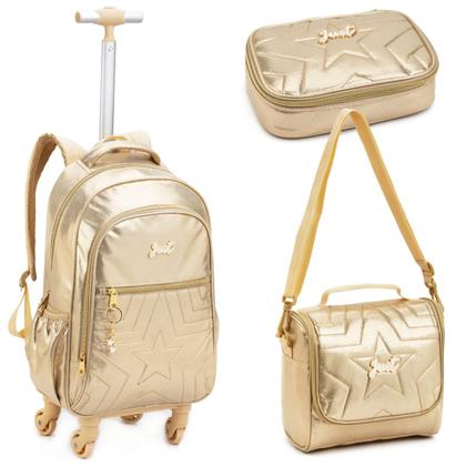 Imagem de Kit Mochila Rodinha Lancheira Estojo Box Escolar Infantil Juvenil Just Dourado