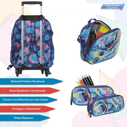 Imagem de Kit Mochila Rodinha Lancheira Estojo Infantil Stitch 3D