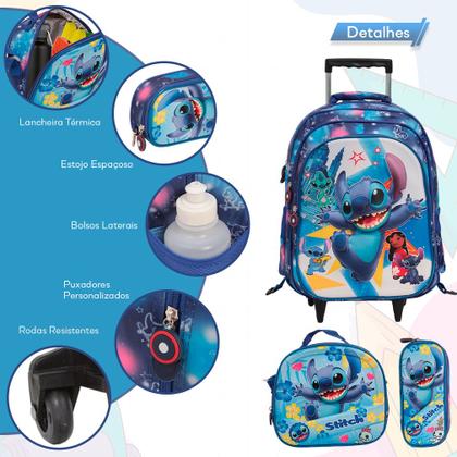 Imagem de Kit Mochila Rodinha Lancheira Estojo Infantil Stitch 3D