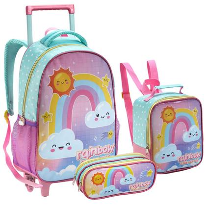 Imagem de Kit Mochila Rodinha Lancheira Estojo Menina Infantil Escolar Fofa Rainbow Seanite