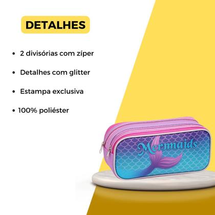 Imagem de Kit Mochila Rodinha Lancheira Estojo Sereia Escolar Meninas