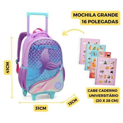 Imagem de Kit Mochila Rodinha Lancheira Estojo Sereia Escolar Meninas