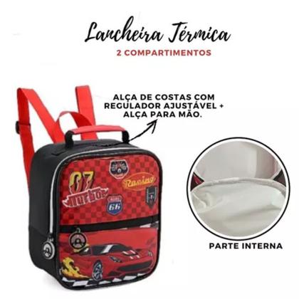 Imagem de Kit Mochila Rodinhas Carro Turbo 07 Estojo Lancheira Escolar Racing Infantil Denlex