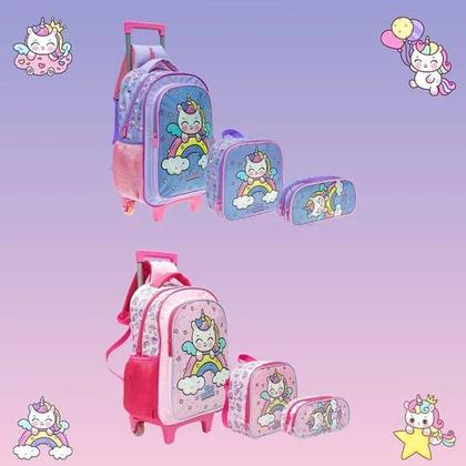 Imagem de Kit Mochila Rodinhas Estojo Lancheira Unicórnio Arco Iris
