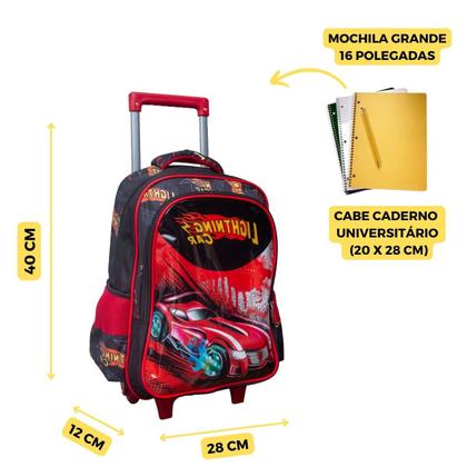 Imagem de Kit Mochila Rodinhas Infantil Escolar Menino Carros Corrida Yins