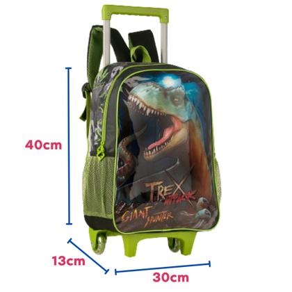 Imagem de Kit Mochila Rodinhas Infantil Escolar T-Rex Dinossauro com Lancheira e Estojo