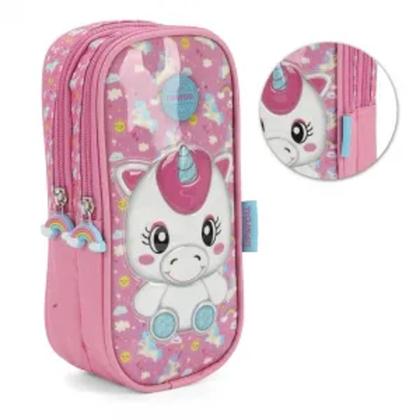 Imagem de Kit Mochila Rodinhas Lancheira e Estojo Unicórnio Rosa Up4You Luxcel