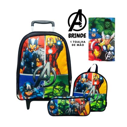 Imagem de Kit Mochila Rodinhas Masculina Infantil Vingadores Completo