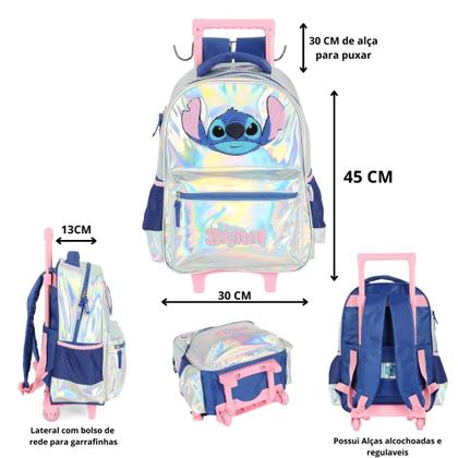Imagem de Kit Mochila Rodinhas Stitch Holográfica c/ Lancheira  Estojo