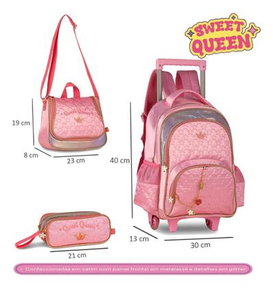 Imagem de Kit Mochila Rodinhas Sweet Queen Princesas Escolar Feminina Juvenil com Lancheira Estojo e Correntinha Pingente Personalizados