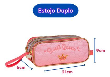 Imagem de Kit Mochila Rodinhas Sweet Queen Princesas Escolar Feminina Juvenil com Lancheira Estojo e Correntinha Pingente Personalizados