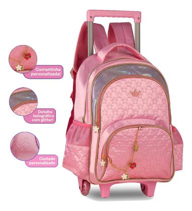 Imagem de Kit Mochila Rodinhas Sweet Queen Princesas Escolar Feminina Juvenil com Lancheira Estojo e Correntinha Pingente Personalizados