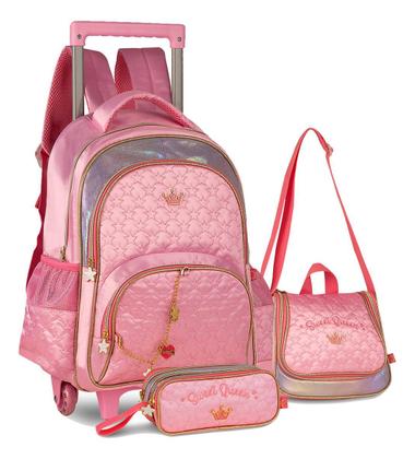 Imagem de Kit Mochila Rodinhas Sweet Queen Princesas Escolar Feminina Juvenil com Lancheira Estojo e Correntinha Pingente Personalizados