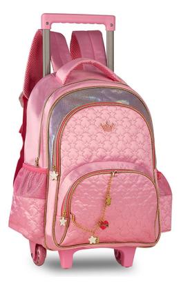 Imagem de Kit Mochila Rodinhas Sweet Queen Princesas Escolar Feminina Juvenil com Lancheira Estojo e Correntinha Pingente Personalizados