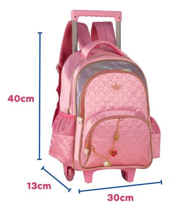 Imagem de Kit Mochila Rodinhas Sweet Queen Princesas Escolar Feminina Juvenil com Lancheira Estojo e Correntinha Pingente Personalizados