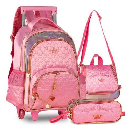 Imagem de Kit Mochila Rodinhas Sweet Queen Princesas Escolar Feminina Juvenil com Lancheira Estojo e Correntinha Pingente Personalizados