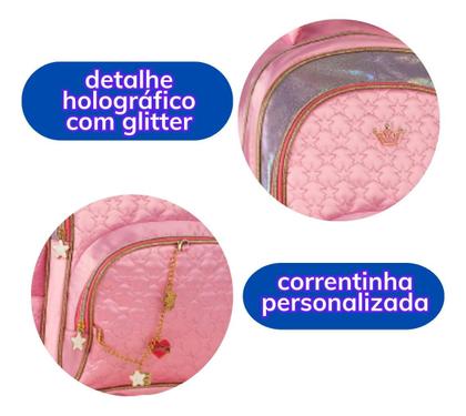 Imagem de Kit Mochila Rodinhas Sweet Queen Princesas Escolar Feminina Juvenil com Lancheira Estojo e Correntinha Pingente Personalizados