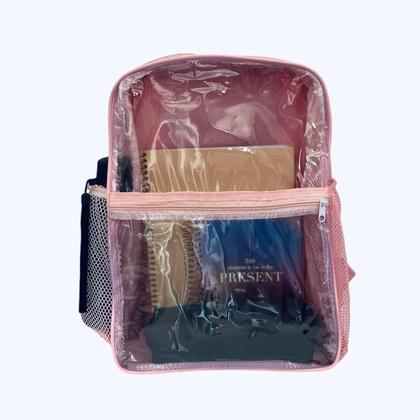 Imagem de KIT MOCHILA ROSA COM A  FRENTE TRANSPARENTE E ESTOJO CRISTAL escolar, faculdade, notebook para o dia a dia