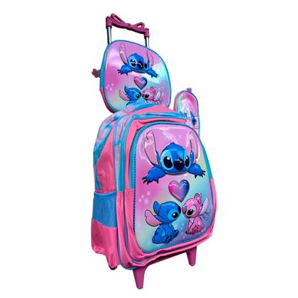 Imagem de Kit Mochila Stitch Feminina com Rodinhas em 3D + Lancheira Térmica + Estojo Escolar