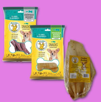 Imagem de Kit Mordedor Petisco Natural para Cães Esôfago Orelha Traqueia Bovin NutriCão Pet Food Osso Cachorro