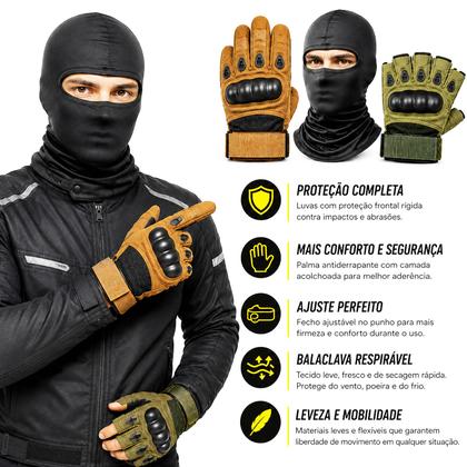 Imagem de Kit Moto Proteção Completa: Luva Tática com Dedos + Luva sem Dedos + Balaclava Touca Ninja = 3 Produtos
