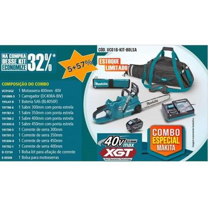 Imagem de KIT MOTOSSERRA MAKITA UC01GZ Á BATERIA 40V 5.0Ah XGT COM CARREGADOR RÁPIDO BIVOLT