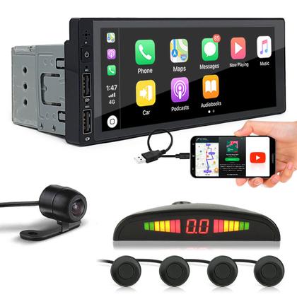 Imagem de Kit Multimídia 1 Din + Câmera Ré + Sensor Ré Preto Kia Cerato 2010 2011 2012 2013 Android Auto Carplay