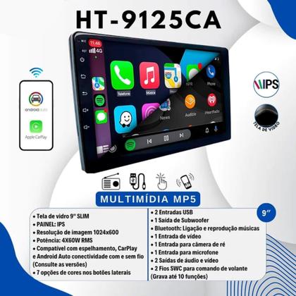Imagem de Kit Multimídia Slim 9 Polegadas Espelhamento Carplay Android Auto USB HTech com Chicotes Toyota