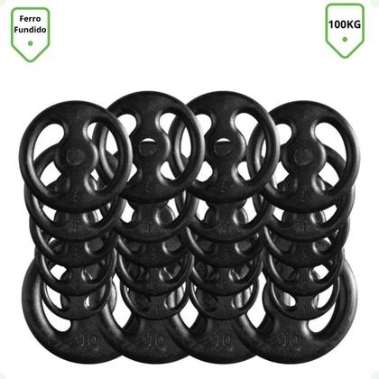 Imagem de Kit Musculação com Suporte + 100 Kg de Anilhas Ferro com Barras