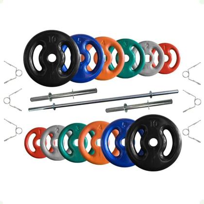 Imagem de Kit Musculação com Suporte + 50 Kg de Anilhas Emborrachadas com Barras