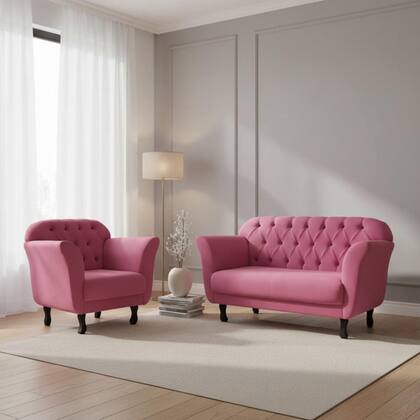 Imagem de Kit Namoradeira + 1 Poltrona Decorativa Dália Suede Rosa Pés Madeira Ms Decor