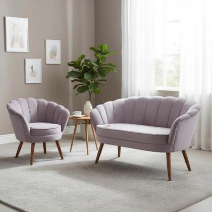 Imagem de Kit Namoradeira + 1 Poltrona Decorativa Pétala Veludo Rosê Pés Madeira Mz Decor