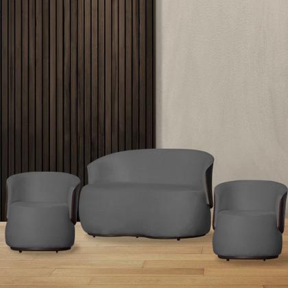 Imagem de Kit Namoradeira + 2 Poltronas Decorativa Beatriz Orgânica Composê Couro Marrom Suede Cinza Ms Decor