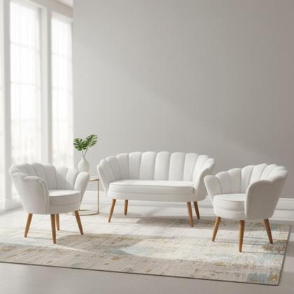 Imagem de Kit Namoradeira + 2 Poltronas Decorativa Pétala Couro Branco Pés Madeira Mz Decor