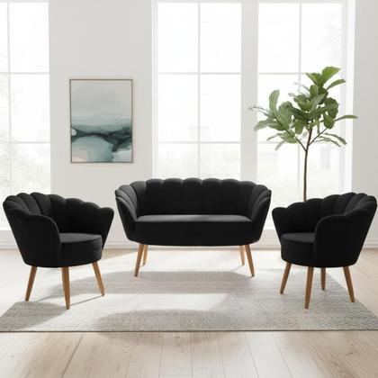 Imagem de Kit Namoradeira + 2 Poltronas Decorativa Pétala Couro Preto Pés Madeira Mz Decor