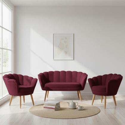 Imagem de Kit Namoradeira + 2 Poltronas Decorativa Pétala Suede Marsala Pés Madeira Mz Decor