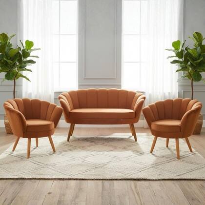 Imagem de Kit Namoradeira + 2 Poltronas Decorativa Pétala Veludo Terracota Pés Madeira Mz Decor