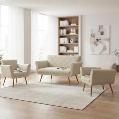Imagem de Kit Namoradeira + 2 Poltronas Decorativa Sabrina Suede Bege Pés Madeira Mz Decor